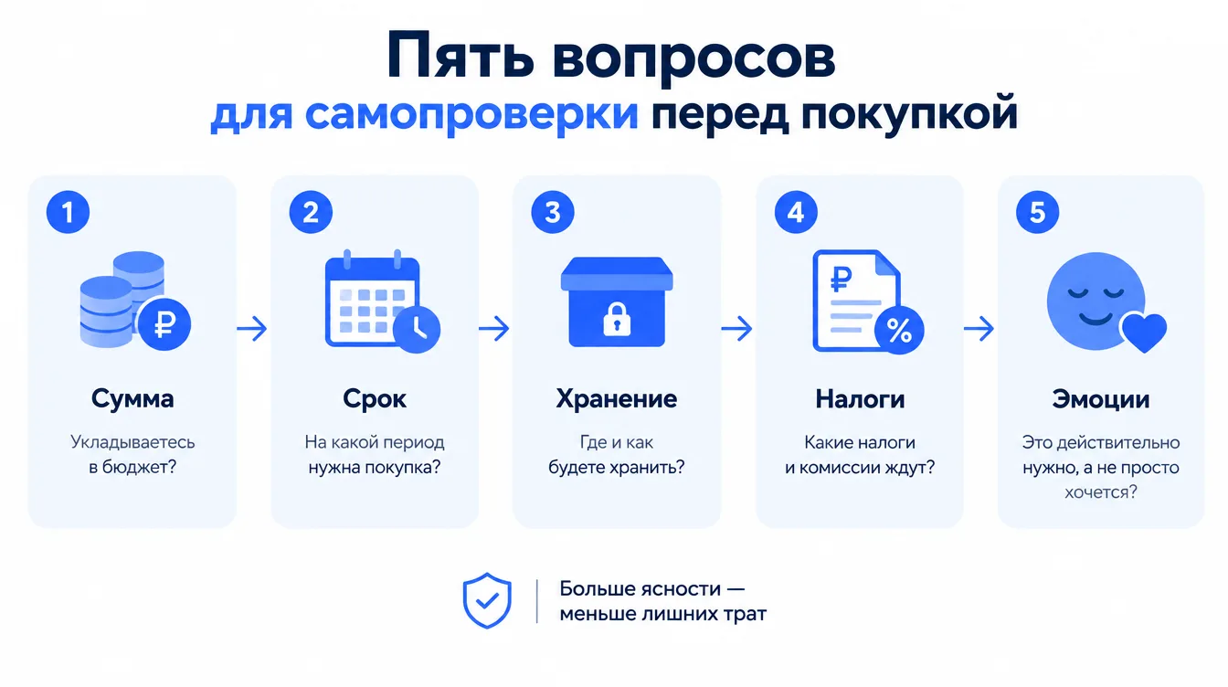 Схема: пять вопросов для самопроверки перед покупкой — сумма, срок, хранение, налоги, эмоции
