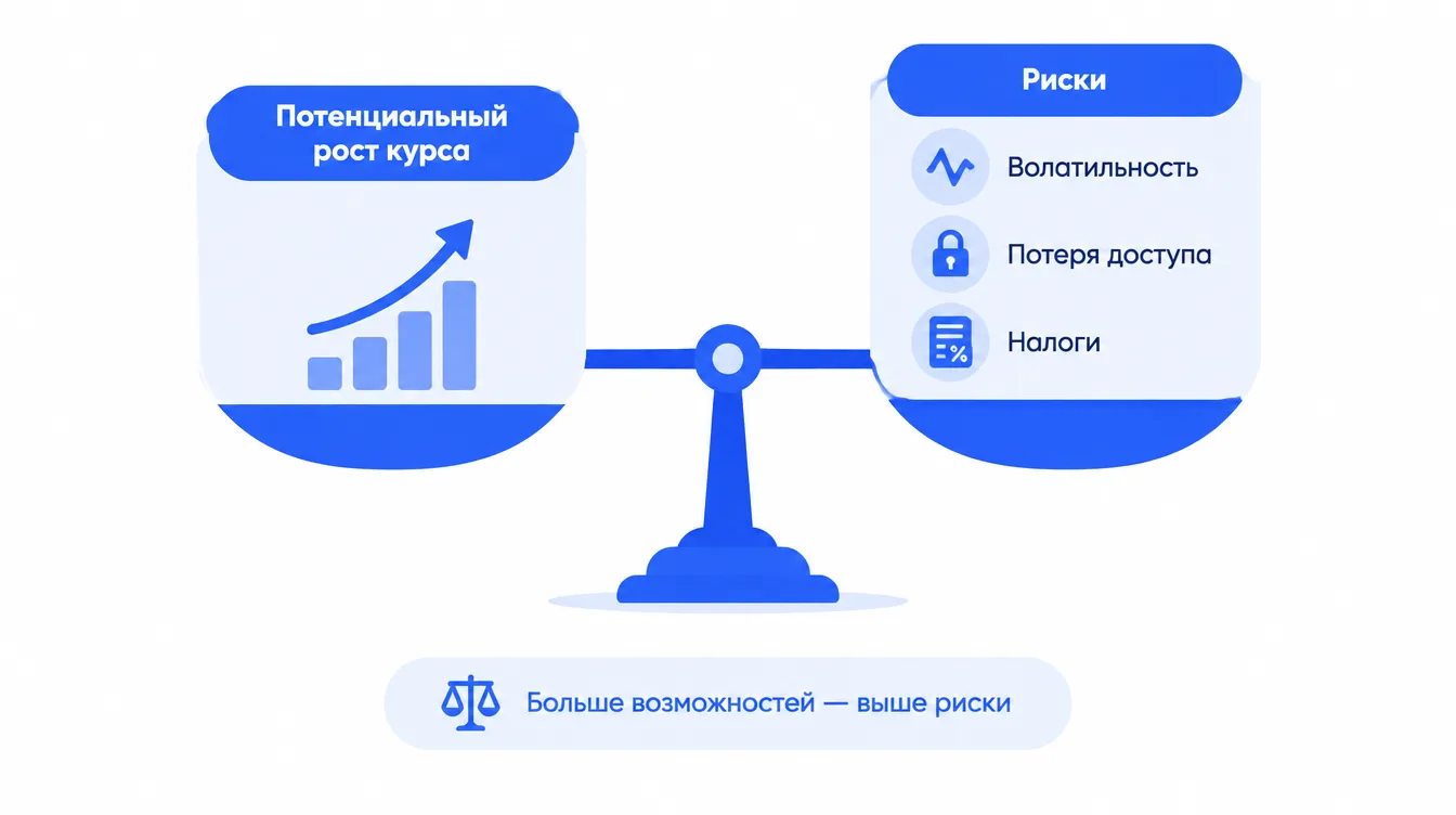 Схема: весы с двумя чашами, на одной потенциальный рост курса, на другой риски — волатильность, потеря доступа, налоги