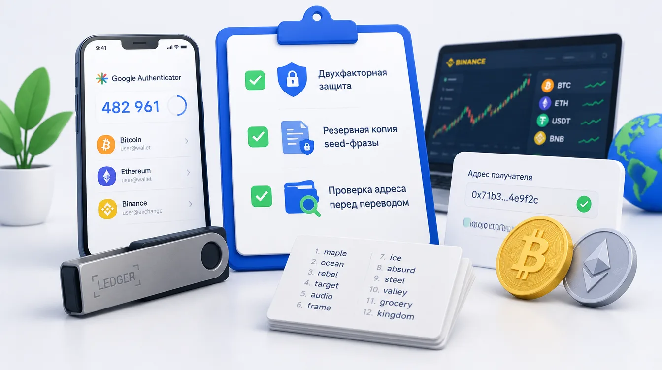 Иллюстрация: чек-лист безопасности — двухфакторная защита, резервная копия seed-фразы, проверка адреса перед переводом