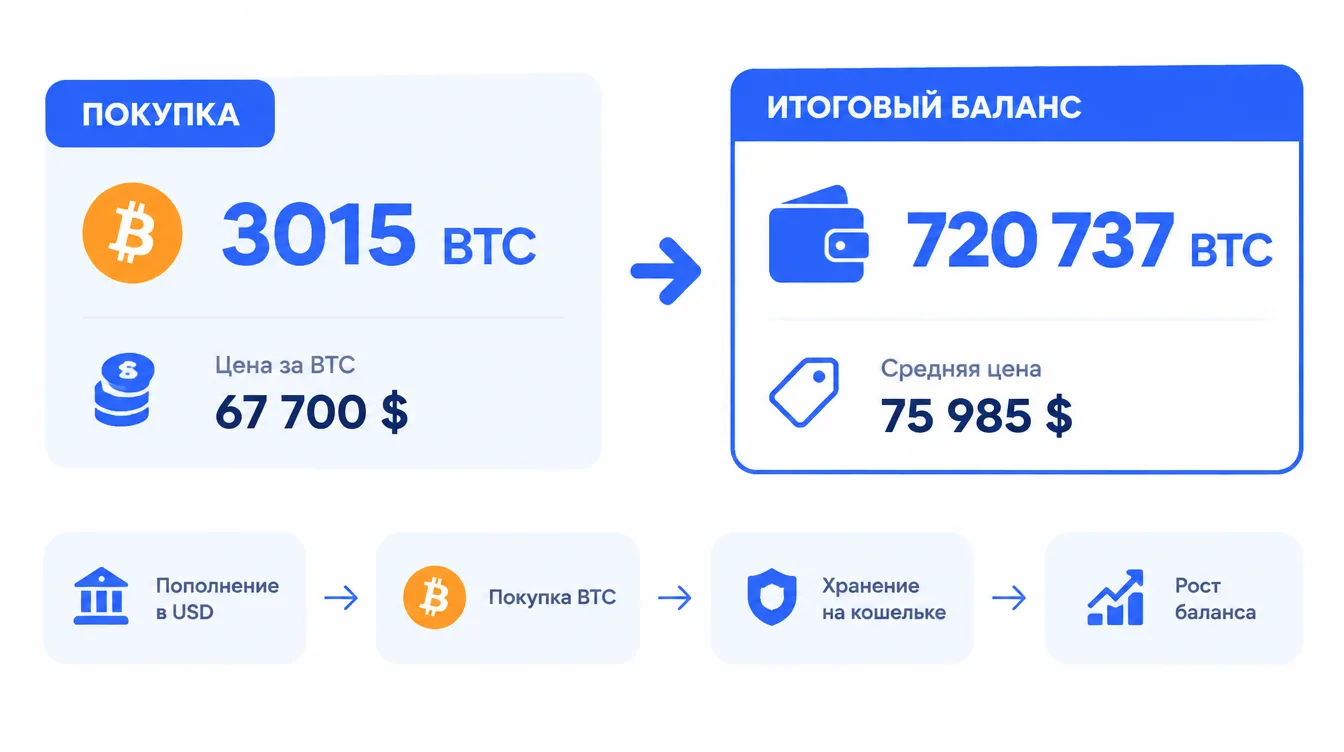Таблица-инфографика: покупка 3015 BTC по 67 700 долларов и итоговый баланс 720 737 BTC со средней ценой 75 985 долларов