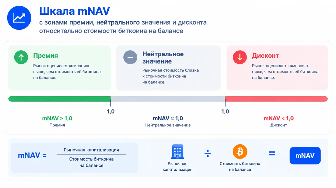 Схема: шкала mNAV с зонами премии, нейтрального значения и дисконта относительно стоимости биткоина на балансе