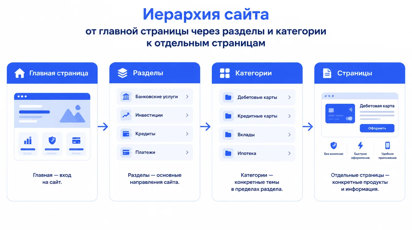 Схема: иерархия сайта от главной страницы через разделы и категории к отдельным страницам