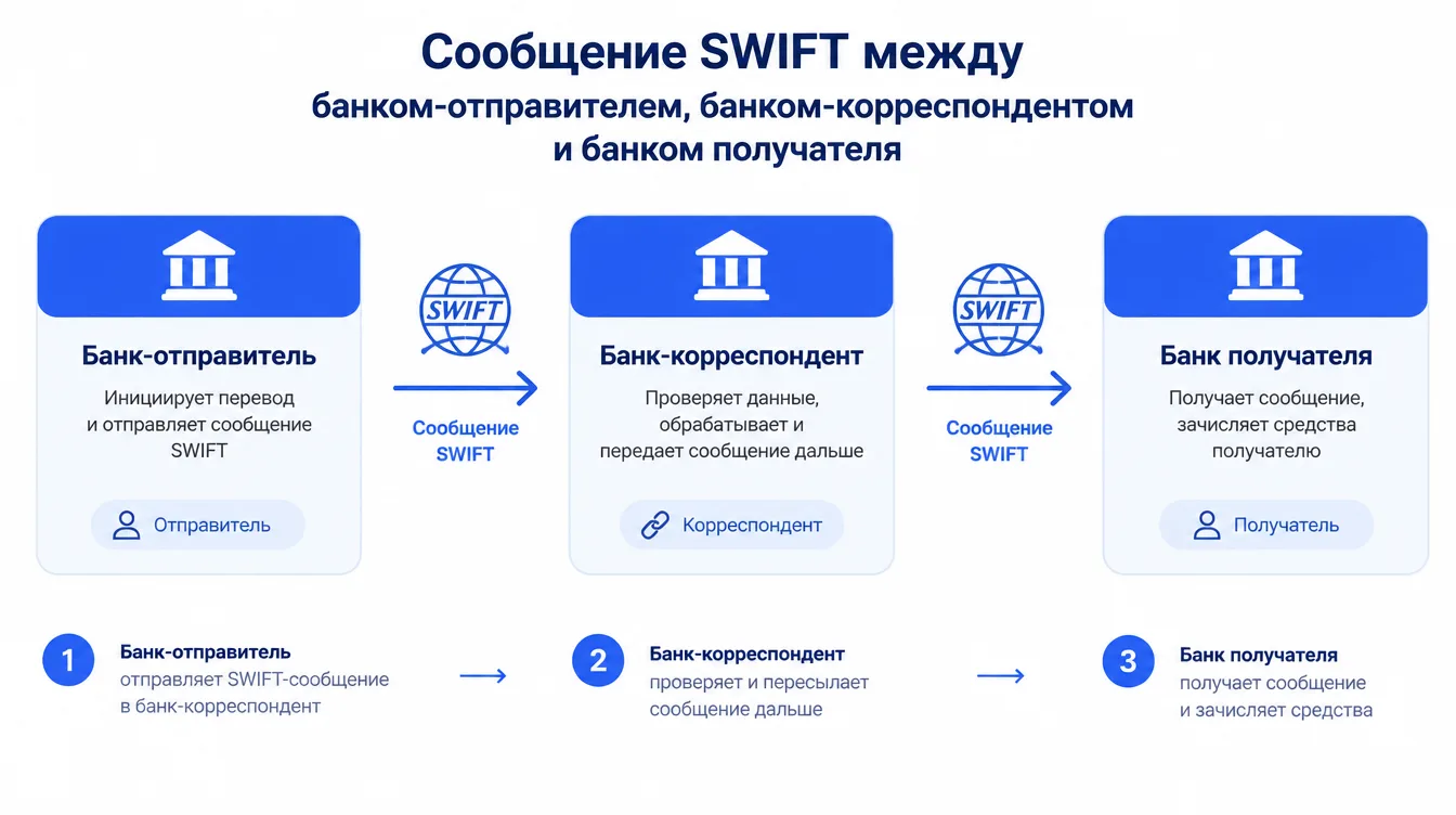 Схема: сообщение Свифт между банком-отправителем, банком-корреспондентом и банком получателя