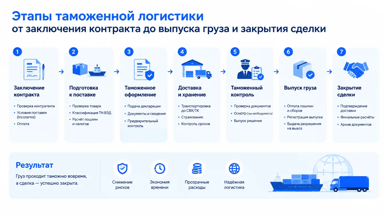 Схема: этапы таможенной логистики от заключения контракта до выпуска груза и закрытия сделки