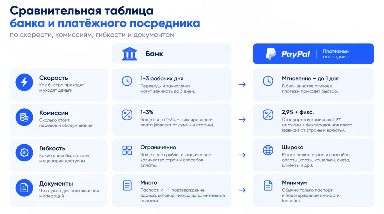 Сравнительная таблица банка и платёжного посредника по скорости, комиссиям, гибкости и документам