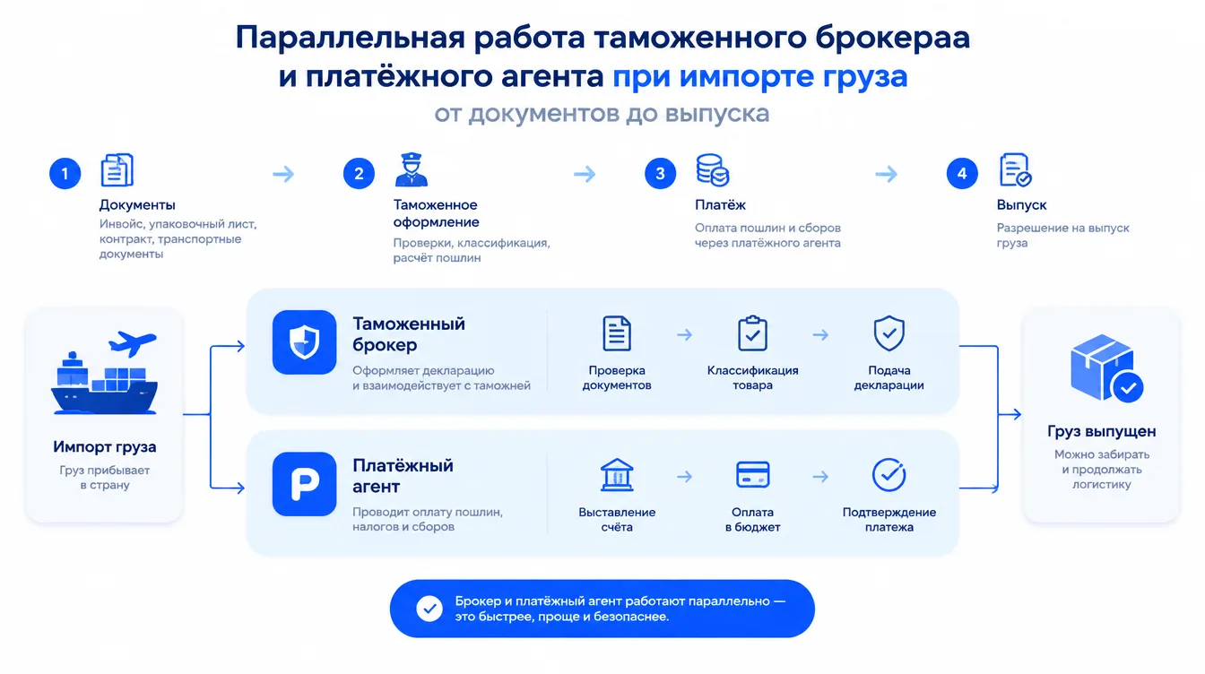 Схема: параллельная работа таможенного брокера и платёжного агента при импорте груза от документов до выпуска