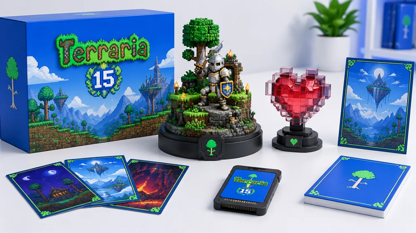 Фото: коллекционный набор Terraria — диорама с рыцарем, кристалл-сердце на подставке, карточки и картридж