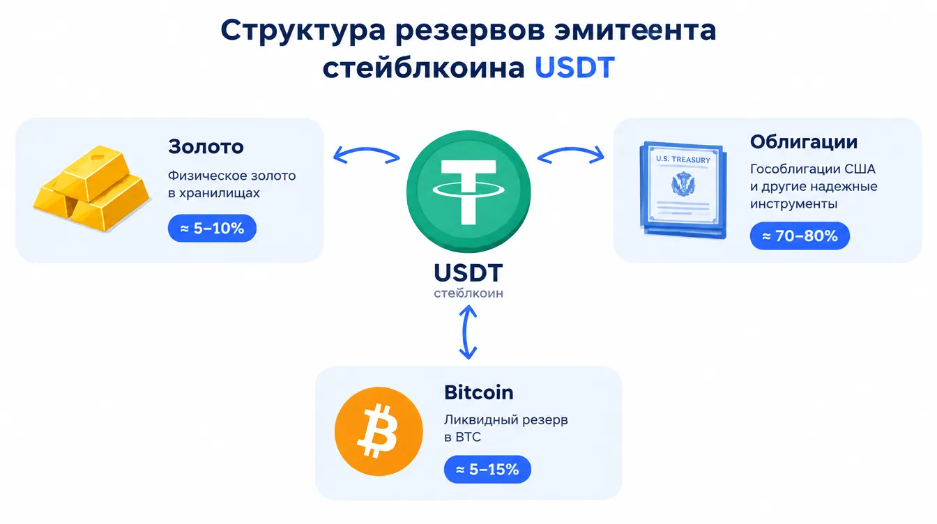 Схема: структура резервов эмитента стейблкоина из трёх частей, золото, облигации и Bitcoin, вокруг монеты USDT