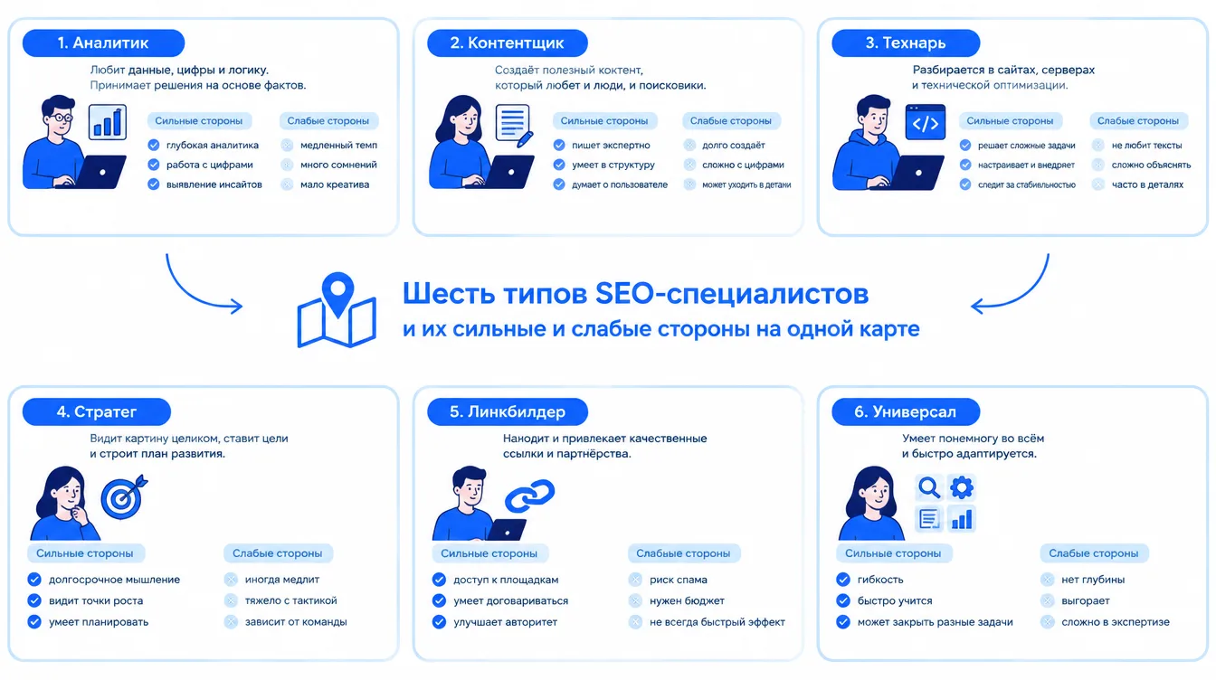 Схема: шесть типов SEO-специалистов и их сильные и слабые стороны на одной карте