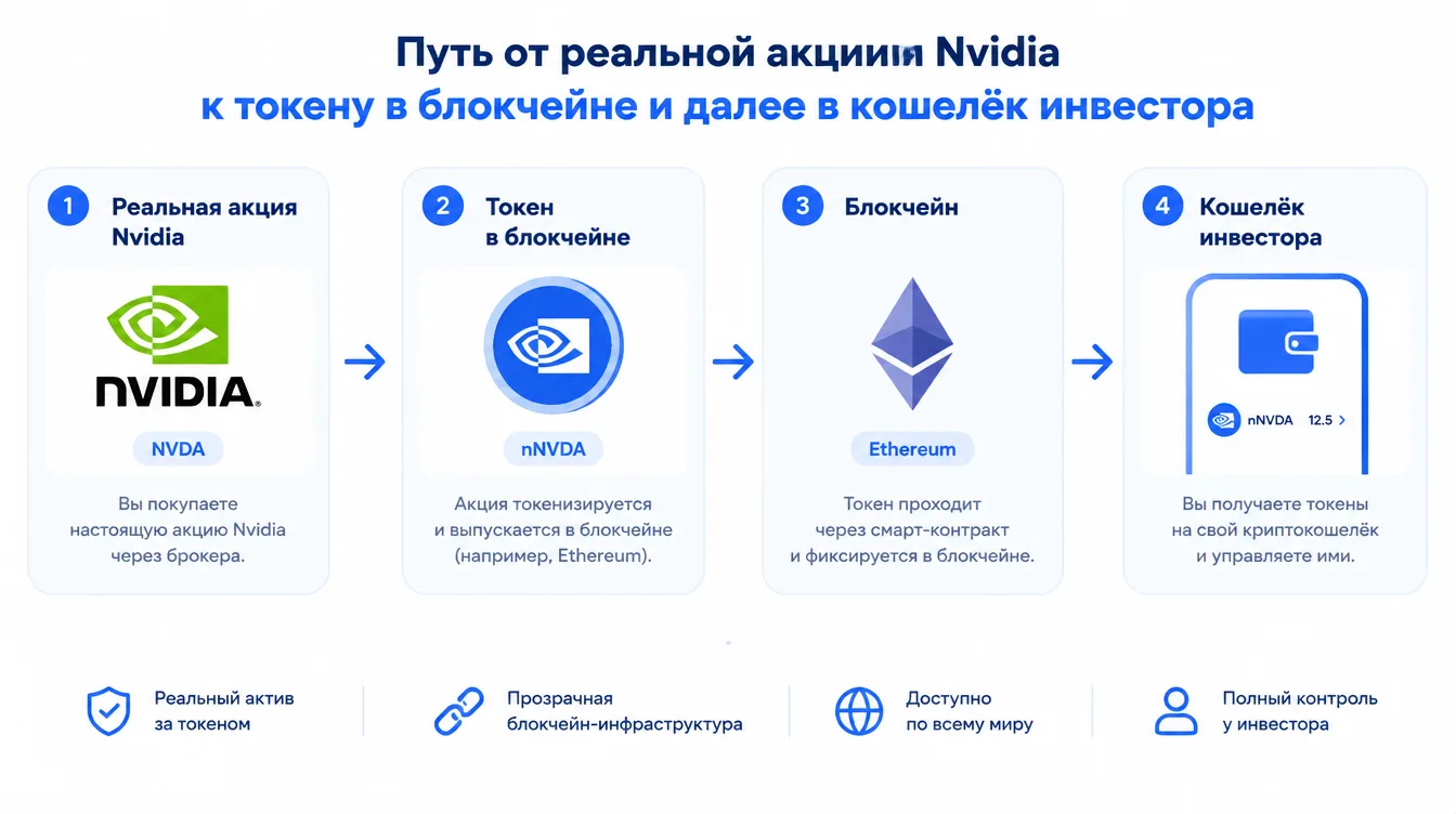 Схема: путь от реальной акции Nvidia к токену в блокчейне и далее в кошелёк инвестора