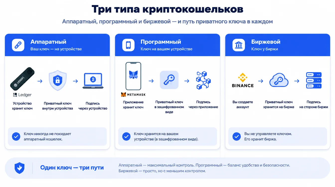 Схема: три типа криптокошельков — аппаратный, программный и биржевой — и путь приватного ключа в каждом