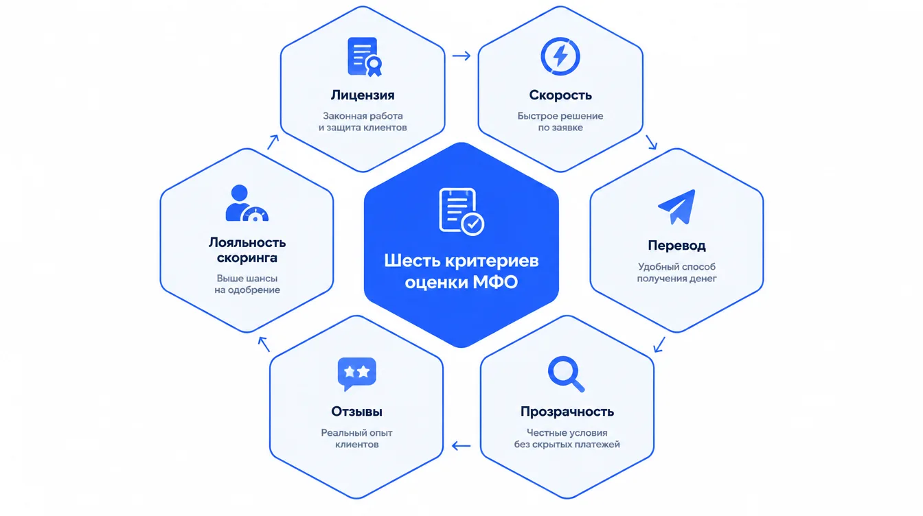 Инфографика: шесть критериев оценки МФО — лицензия, скорость, перевод, прозрачность, отзывы, лояльность скоринга — в виде шестиугольной схемы