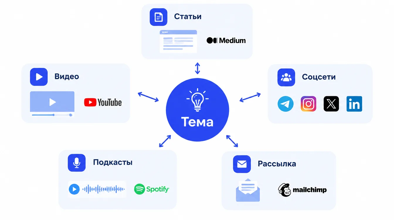 Схема: тема в центре и вокруг неё форматы контента — статьи, видео, соцсети, подкасты, рассылка