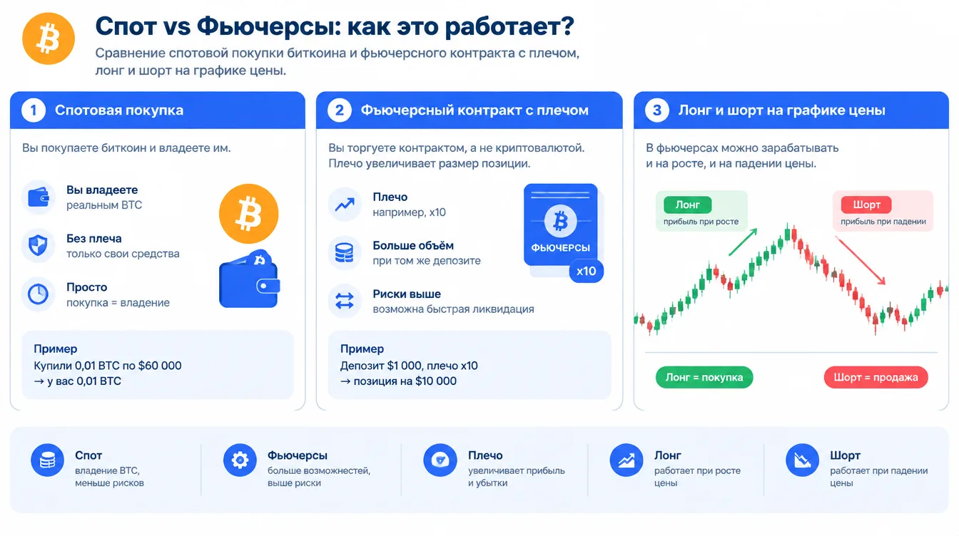 Схема: сравнение спотовой покупки биткоина и фьючерсного контракта с плечом, лонг и шорт на графике цены