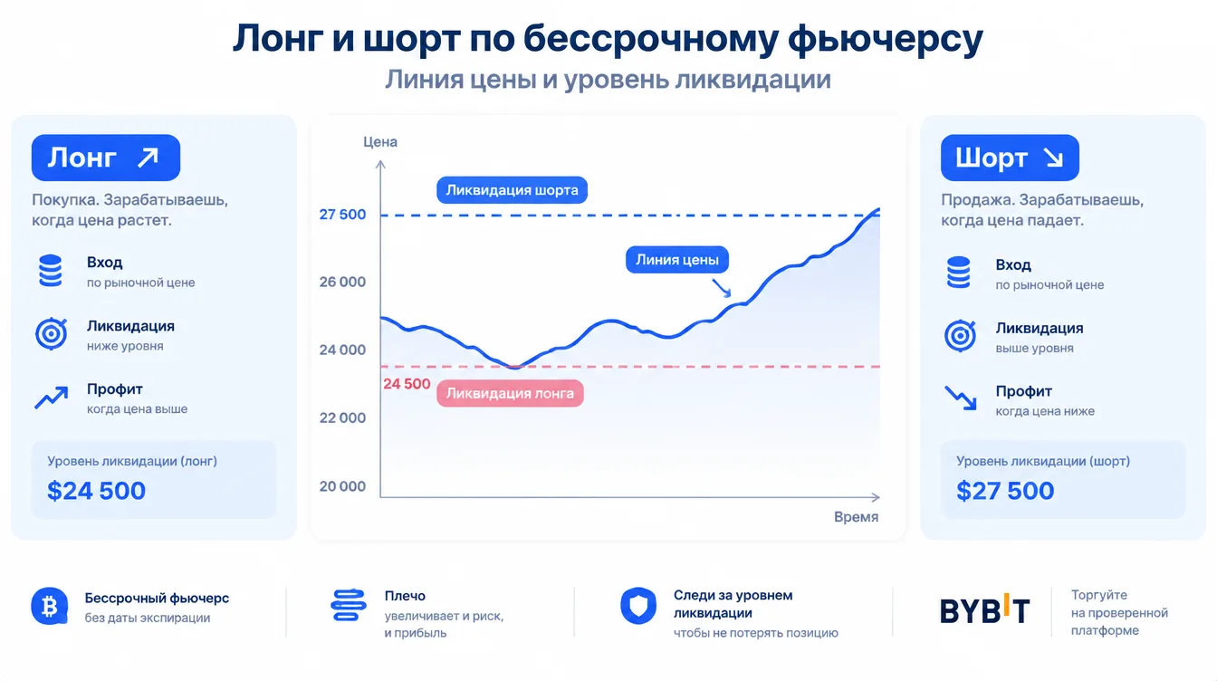 Схема: лонг и шорт по бессрочному фьючерсу, линия цены и уровень ликвидации