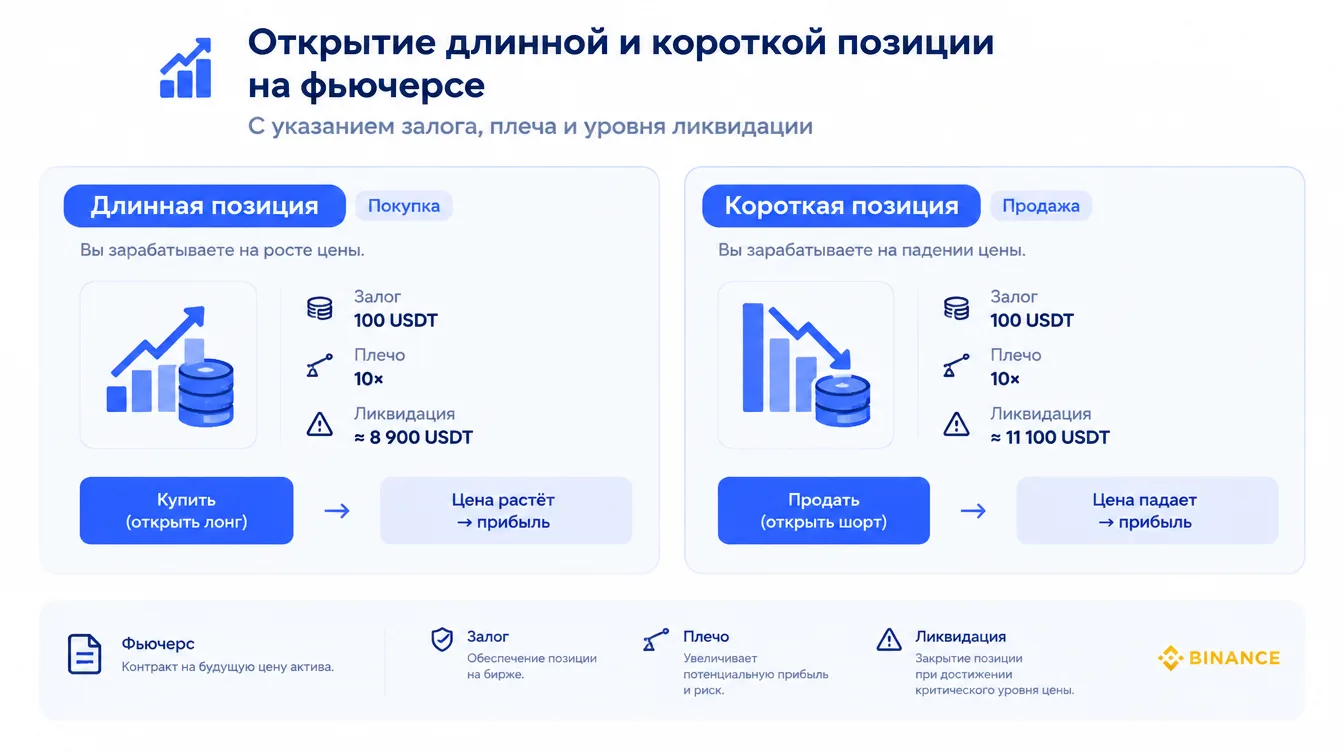 Схема: открытие длинной и короткой позиции на фьючерсе с указанием залога, плеча и уровня ликвидации