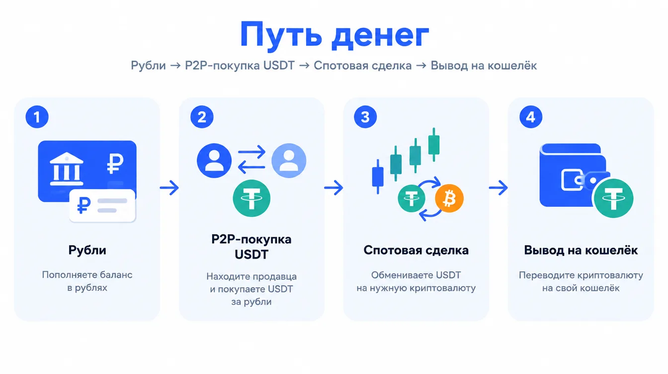 Схема: путь денег — рубли, P2P-покупка USDT, спотовая сделка, вывод на кошелёк
