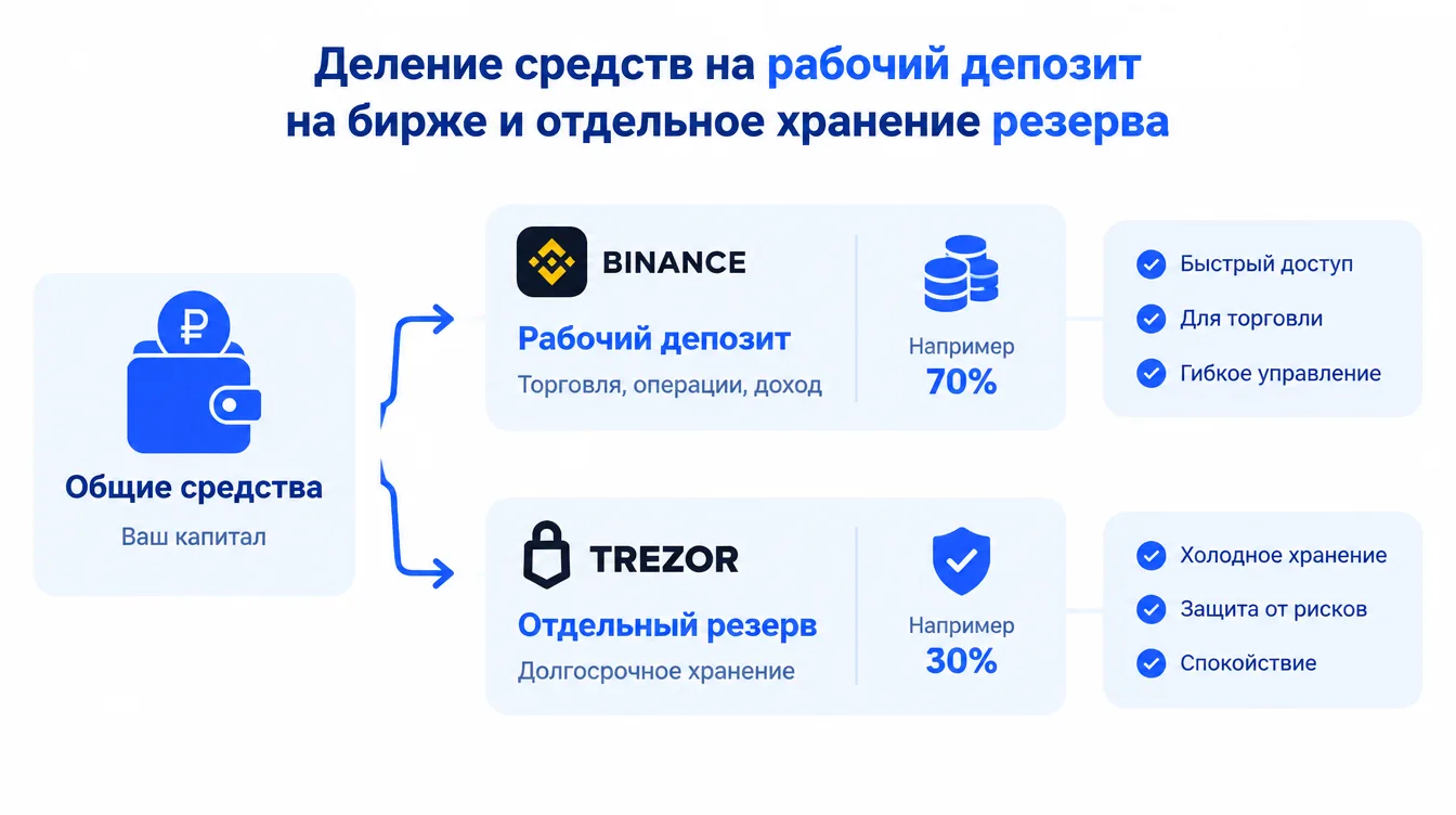 Схема: деление средств на рабочий депозит на бирже и отдельное хранение резерва