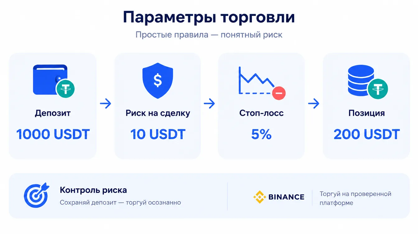 Схема: депозит 1000 USDT, риск 10 USDT на сделку, стоп-лосс 5% и позиция 200 USDT