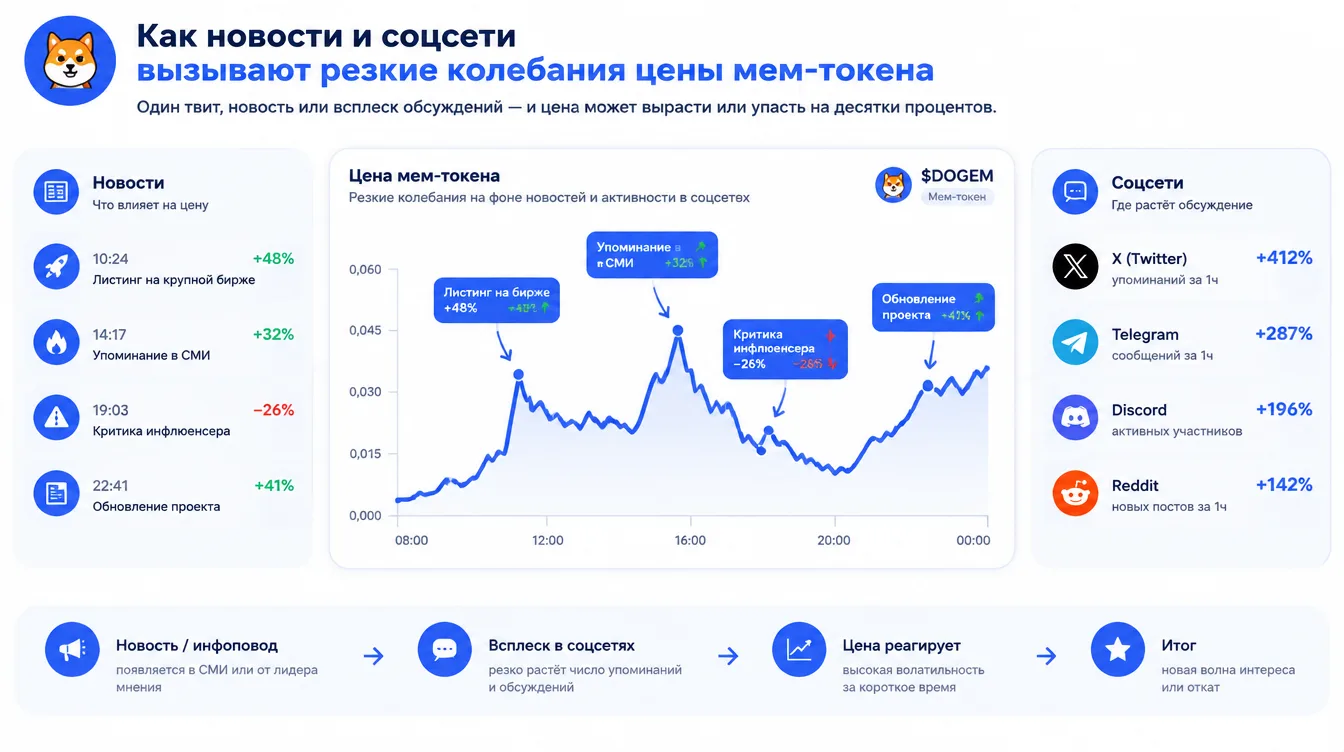 Схема: график резких колебаний цены мем-токена на фоне новостей и активности в соцсетях