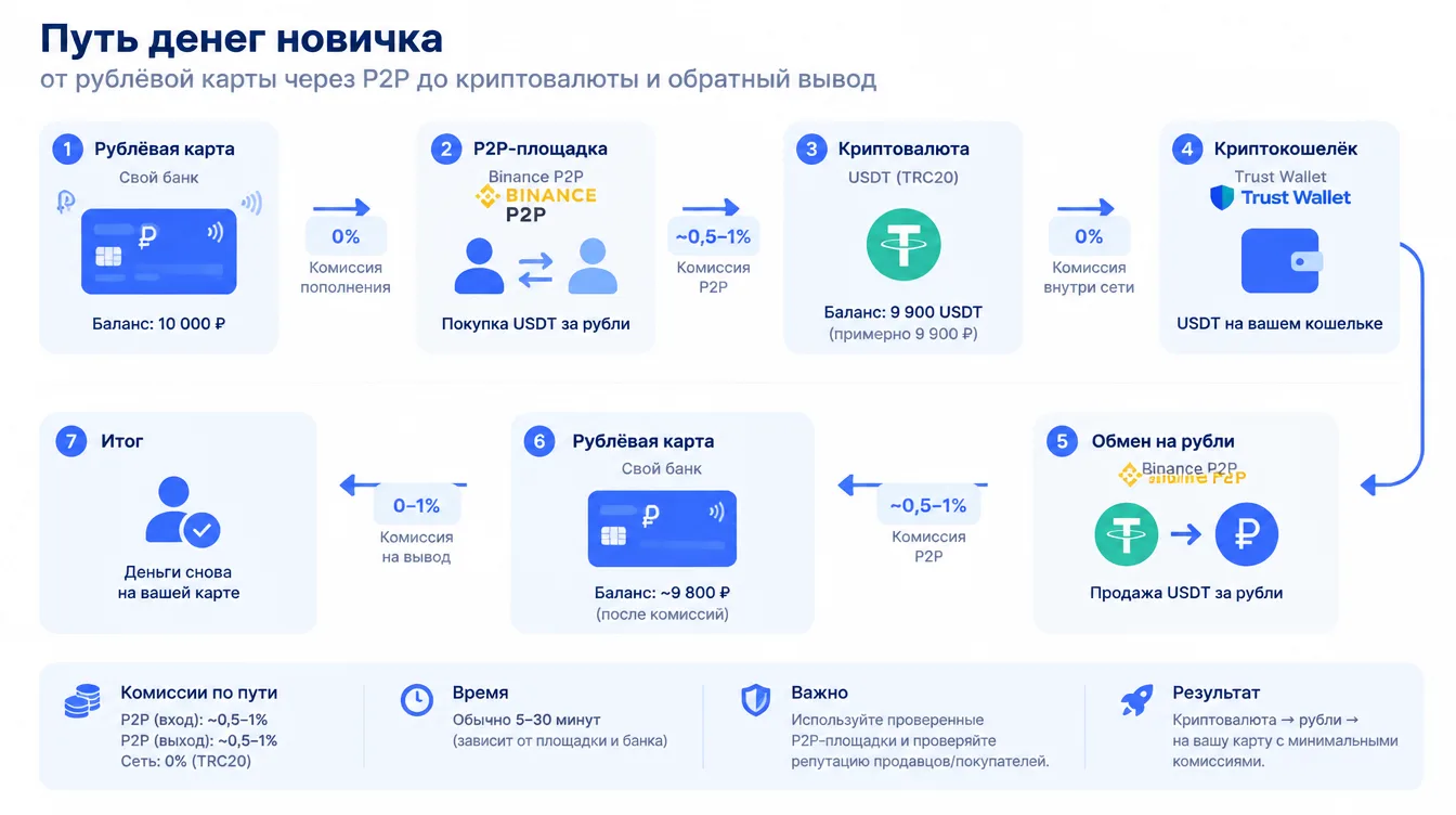 Схема: путь денег новичка от рублёвой карты через P2P до криптовалюты и обратный вывод с отметками комиссий