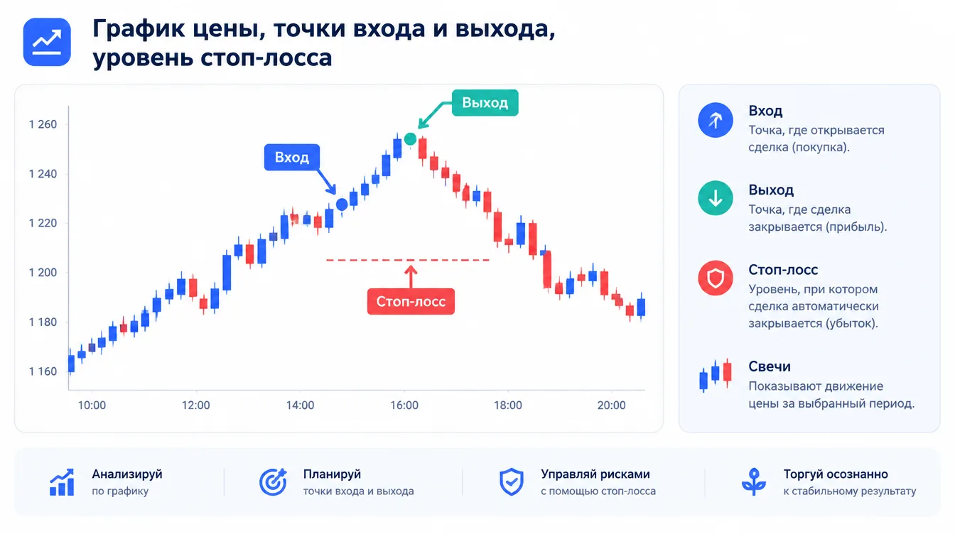 Схема: график цены со свечами, точки входа и выхода из сделки, уровень стоп-лосса