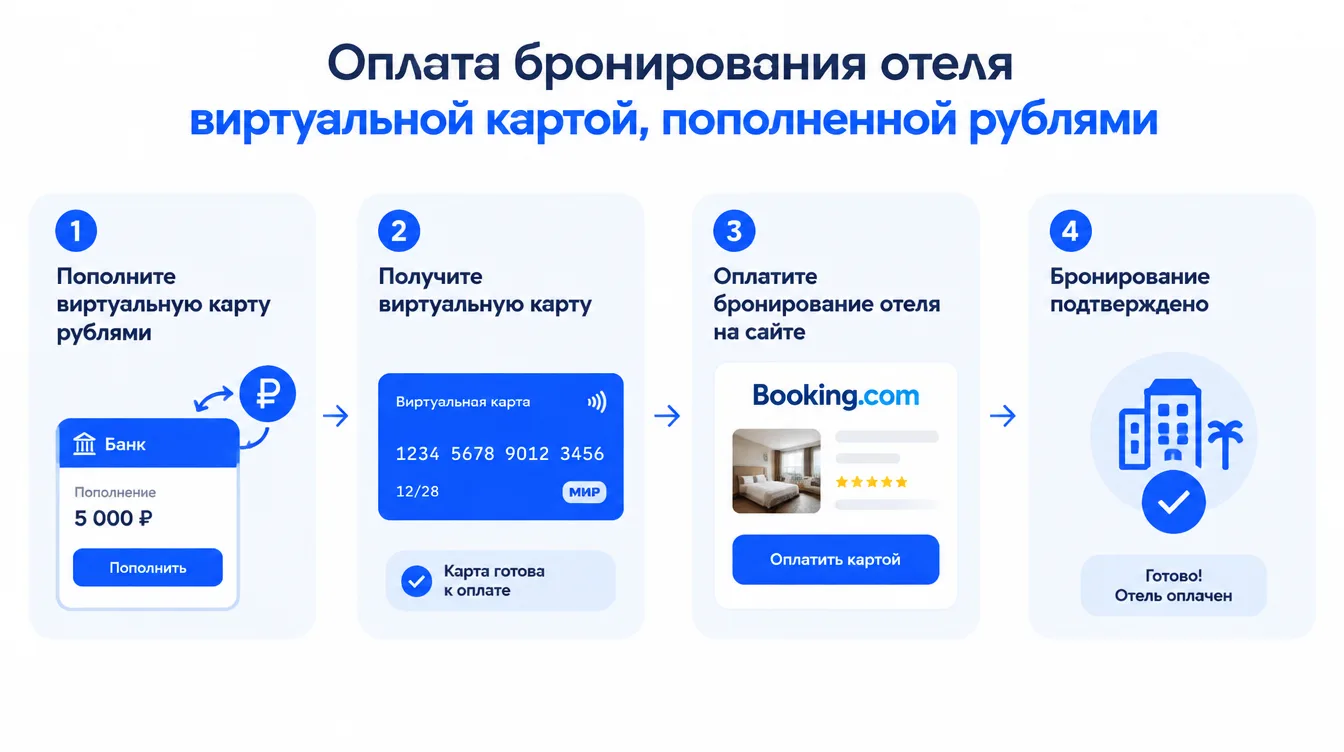 Схема: оплата бронирования отеля виртуальной картой, пополненной рублями