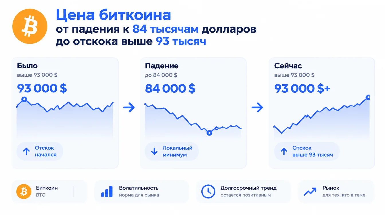 График: цена биткоина от падения к 84 тысячам долларов до отскока выше 93 тысяч