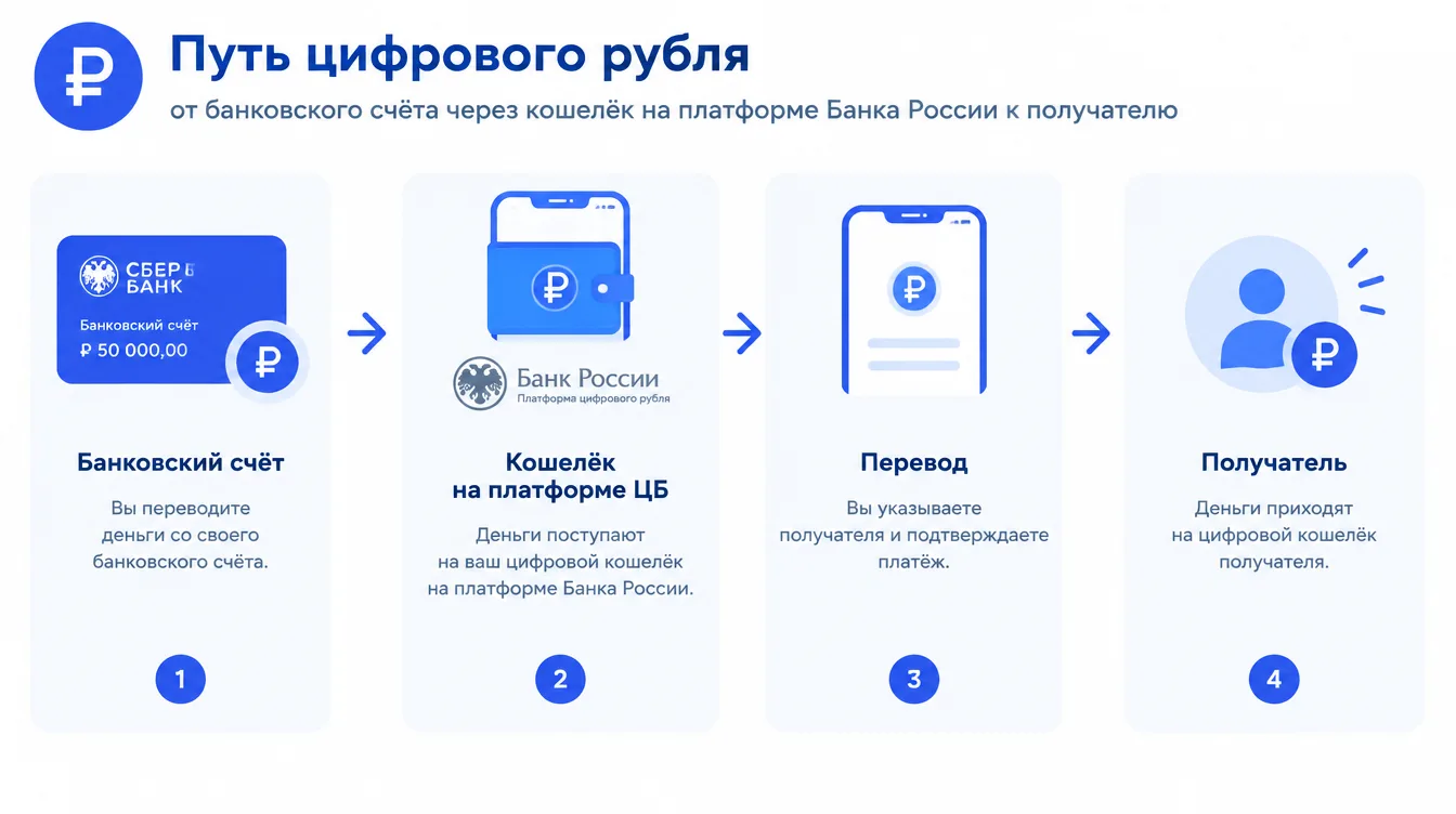 Схема: путь цифрового рубля от банковского счёта через кошелёк на платформе Банка России к получателю