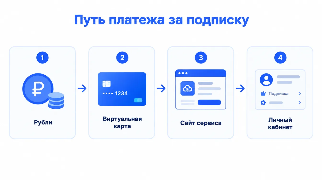 Схема: путь платежа за подписку — рубли, виртуальная карта, сайт сервиса, личный кабинет