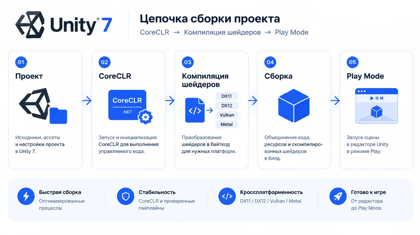 Схема: цепочка сборки проекта в Unity 7 с блоками CoreCLR, компиляцией шейдеров и запуском Play Mode