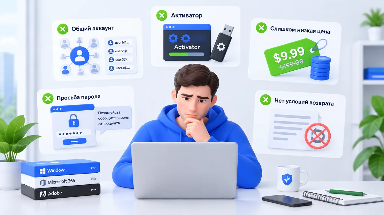Памятка: пять признаков ненадёжного продавца программных лицензий — общий аккаунт, активатор, слишком низкая цена, просьба пароля, нет условий возврата