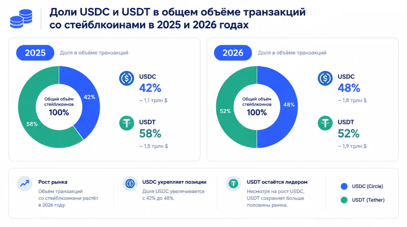 Сравнительная диаграмма: доли USDC и USDT в общем объёме транзакций со стейблкоинами в 2025 и 2026 годах