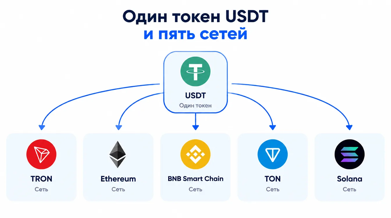 Схема: один токен USDT и пять сетей — TRON, Ethereum, BNB Smart Chain, TON, Solana