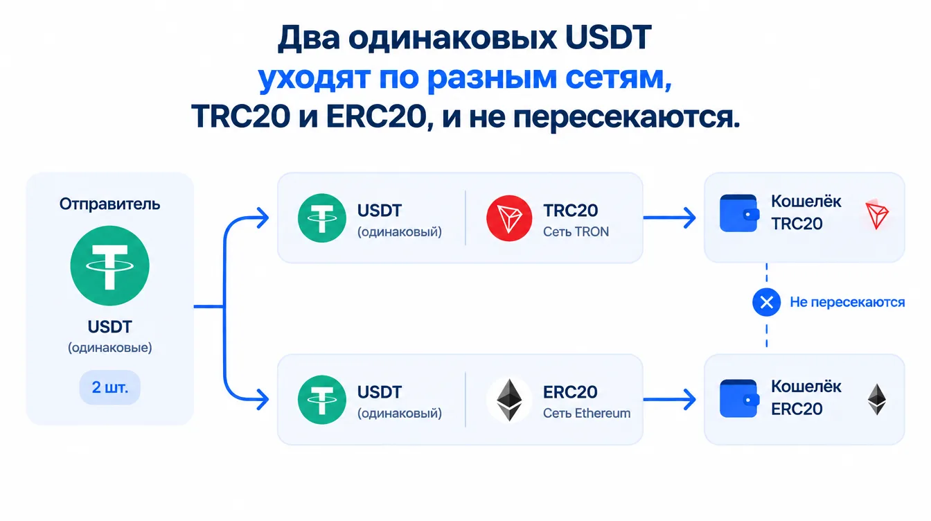 Схема: два одинаковых USDT уходят по разным сетям, TRC20 и ERC20, и не пересекаются