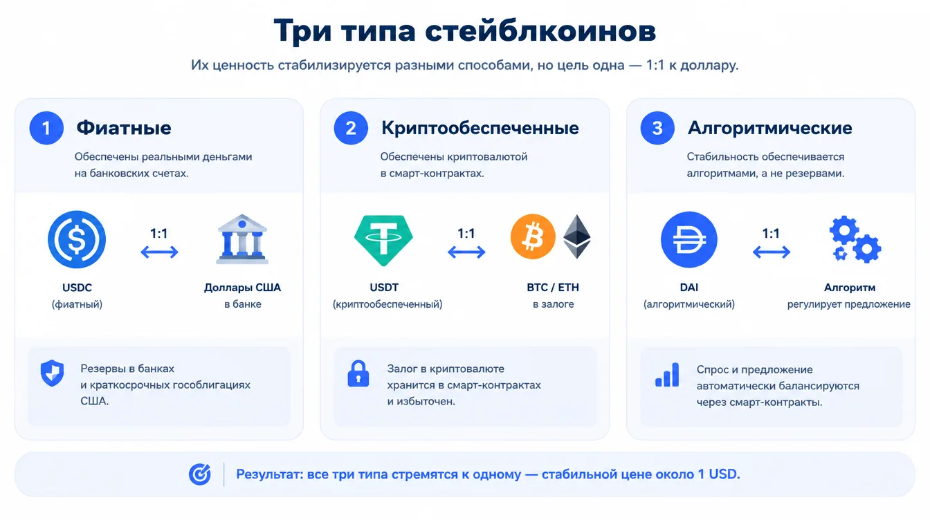 Схема: три типа стейблкоинов — фиатные, криптообеспеченные и алгоритмические — и принцип их обеспечения