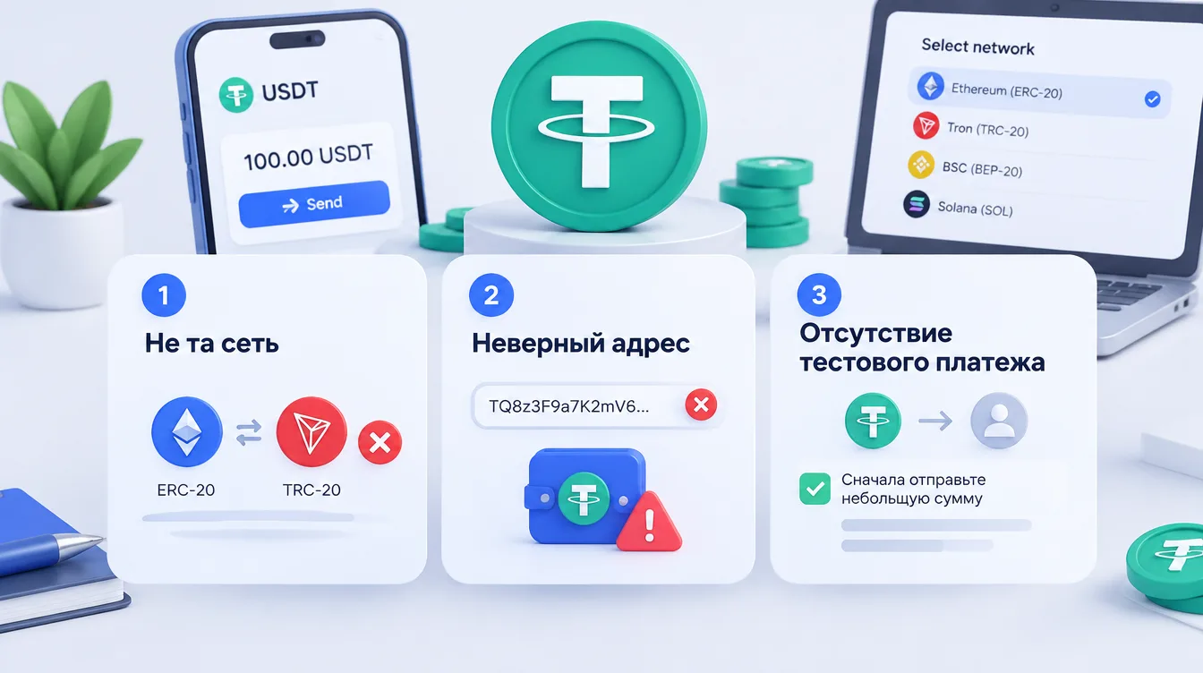 Иллюстрация: типичные ошибки при переводе USDT — не та сеть, неверный адрес, отсутствие тестового платежа