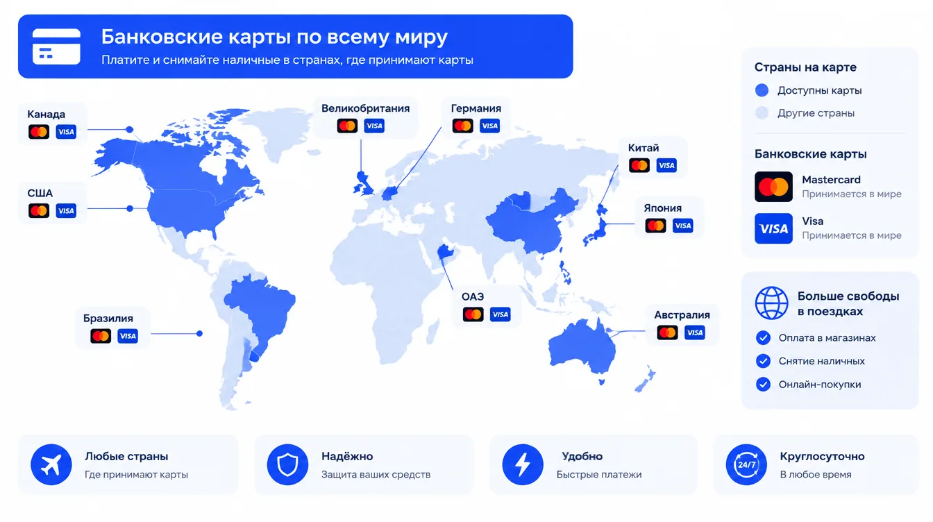 Схема: карта мира с отмеченными странами и значками банковских карт Visa и Mastercard