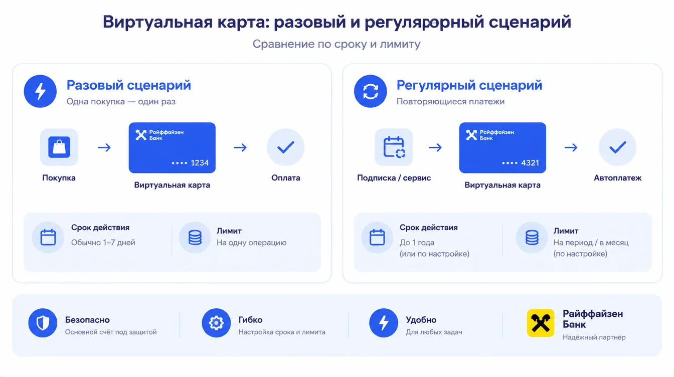 Схема: сравнение разового и регулярного сценария использования виртуальной карты по сроку и лимиту