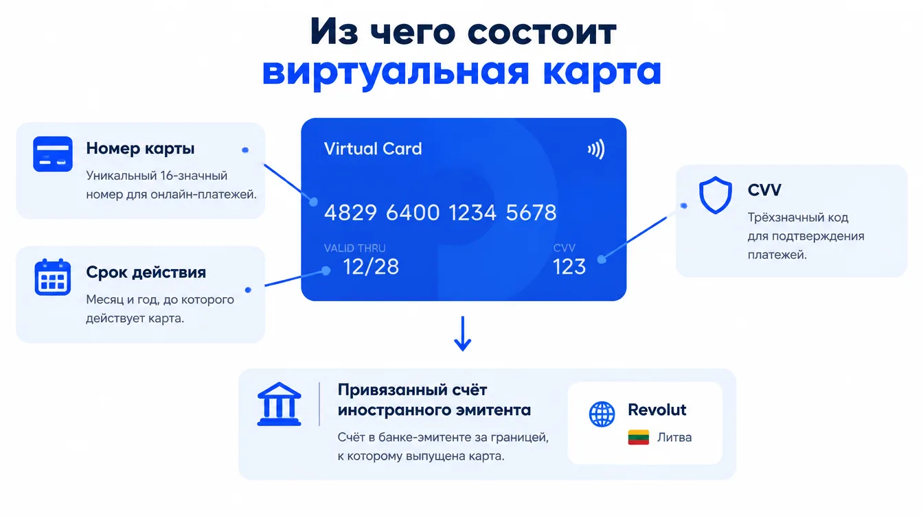 Схема: из чего состоит виртуальная карта, номер, срок действия, CVV и привязанный счёт иностранного эмитента
