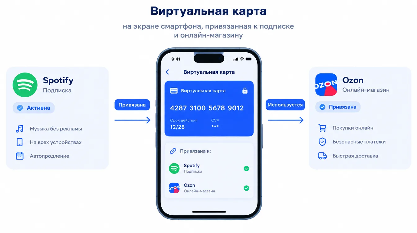 Схема: виртуальная карта на экране смартфона с номером, сроком действия и кодом, привязанная к подписке и онлайн-магазину