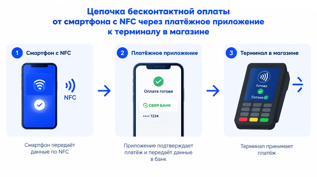 Схема: цепочка бесконтактной оплаты от смартфона с NFC через платёжное приложение к терминалу в магазине