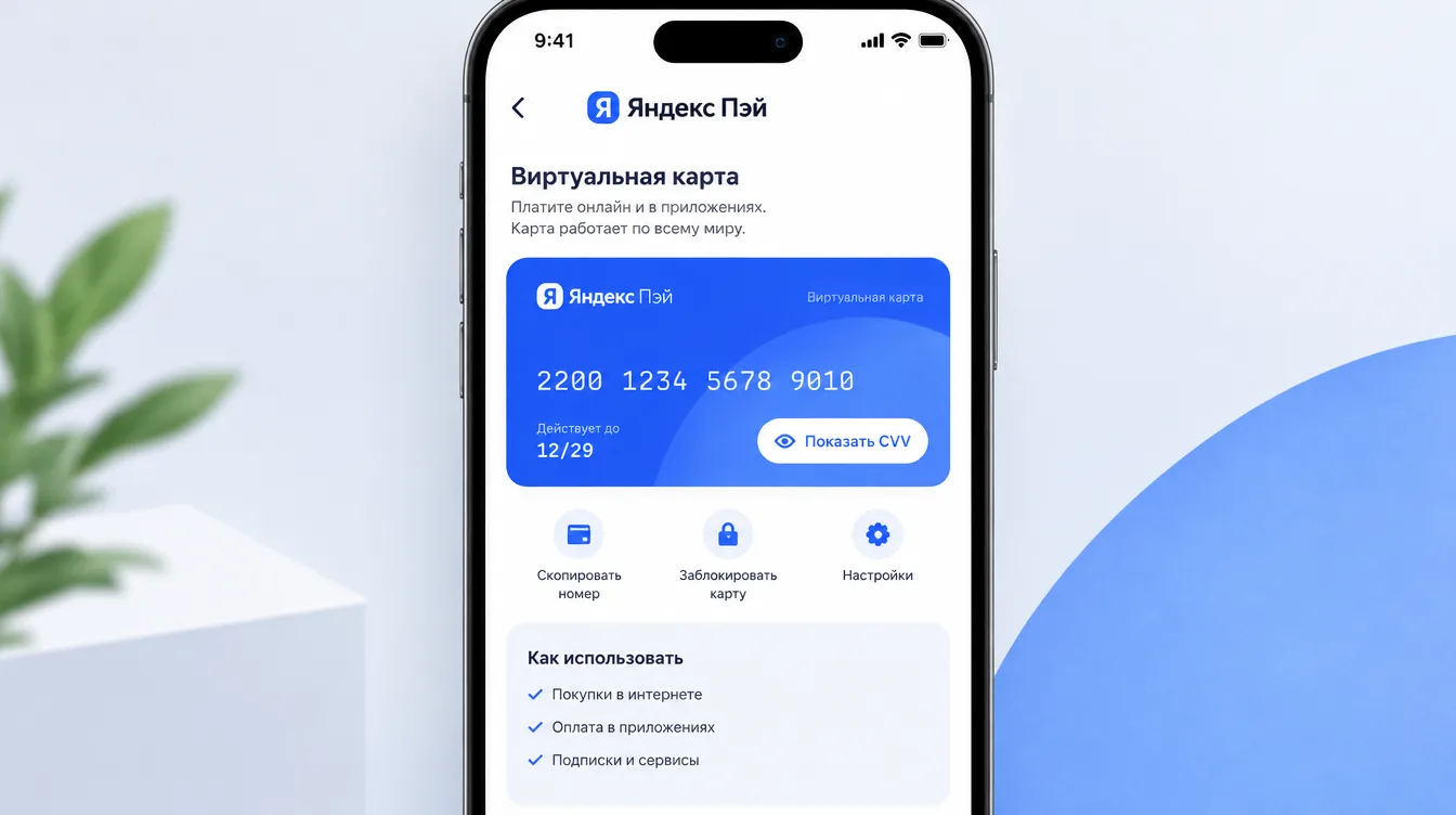Скриншот: экран мобильного приложения с выпущенной виртуальной картой, номером и кнопкой показа CVV
