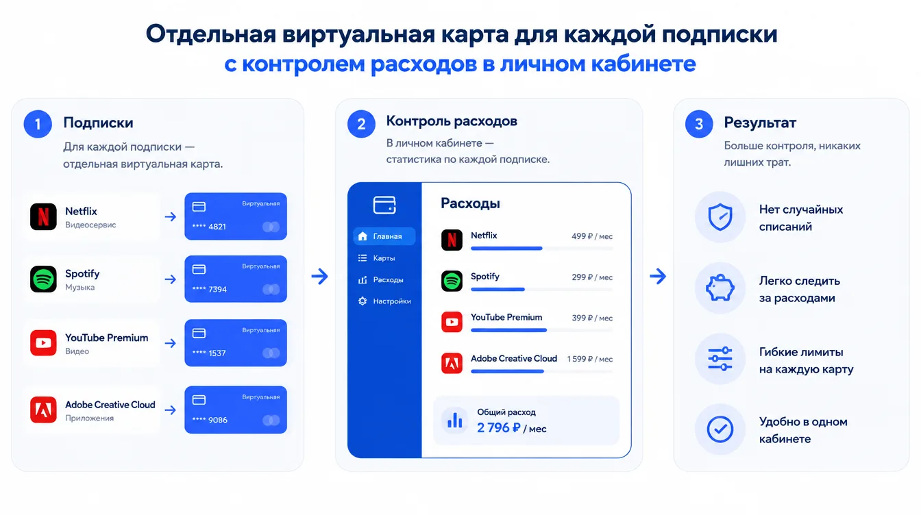 Схема: отдельная виртуальная карта для каждой подписки с контролем расходов в личном кабинете