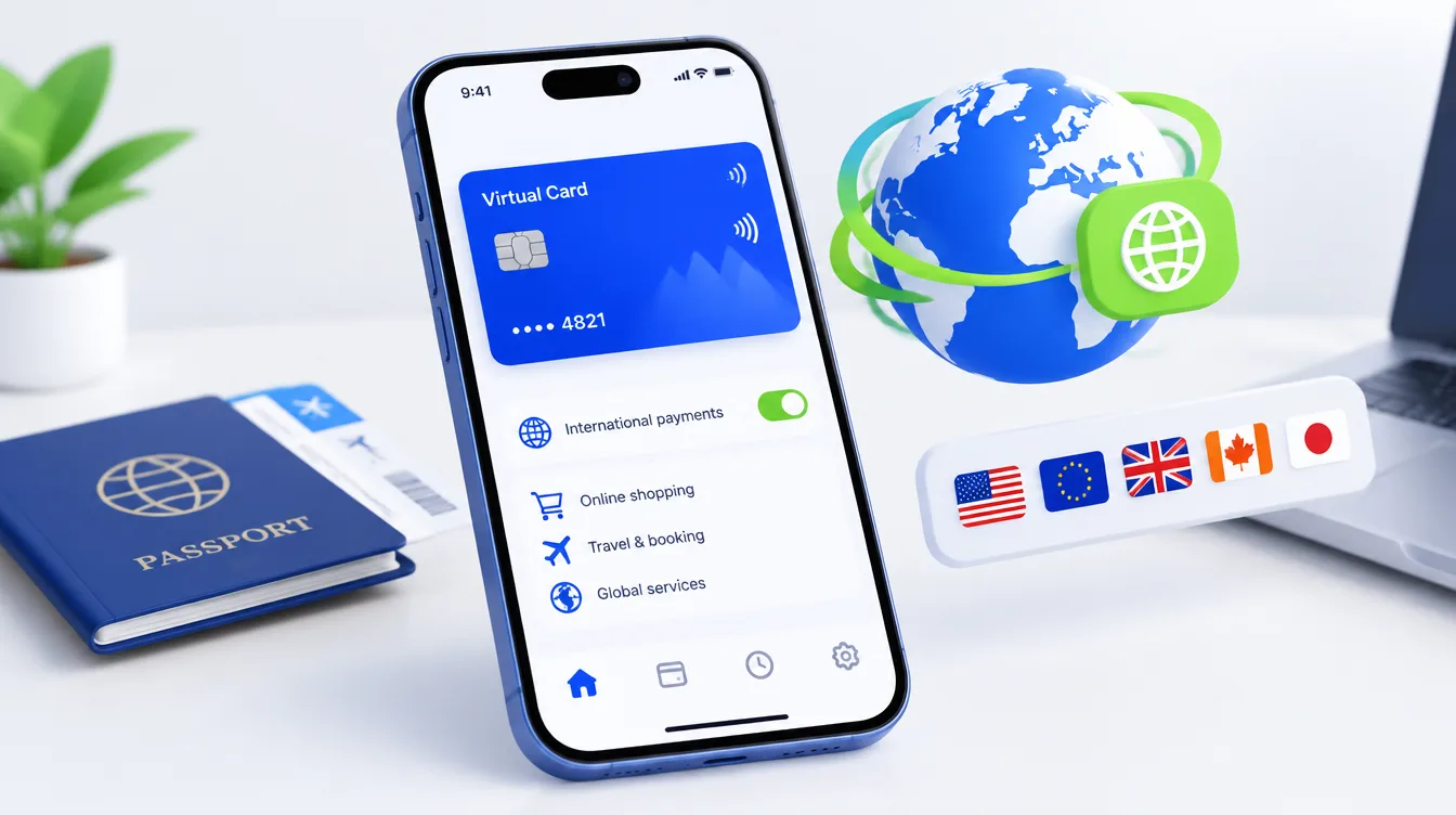 Иллюстрация: смартфон с виртуальной картой для онлайн-платежей и значком международной оплаты