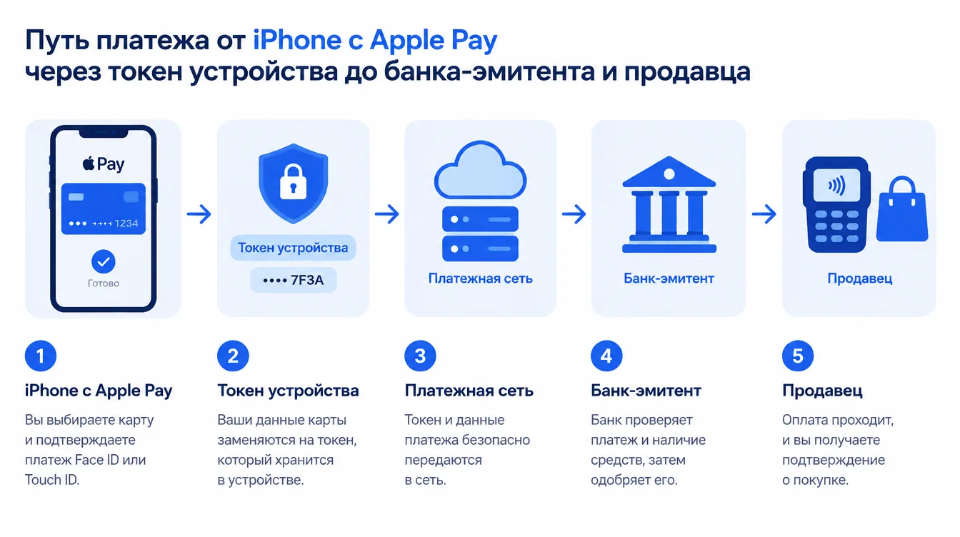 Схема: путь платежа от iPhone с Apple Pay через токен устройства до банка-эмитента и продавца