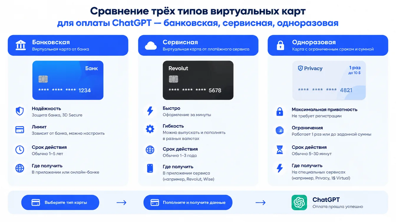Схема: сравнение трёх типов виртуальных карт для оплаты ChatGPT — банковская, сервисная, одноразовая