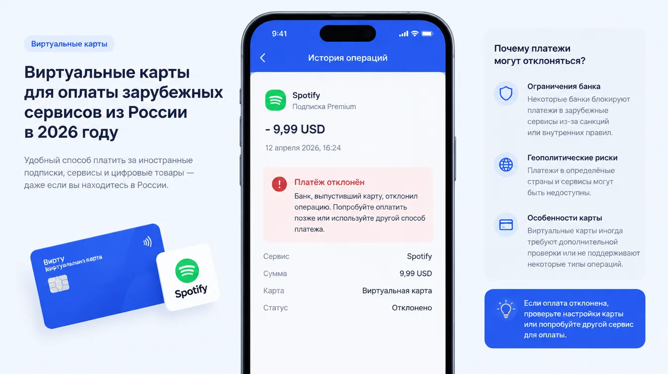 Скриншот: уведомление об отклонённой оплате зарубежного сервиса в мобильном банке
