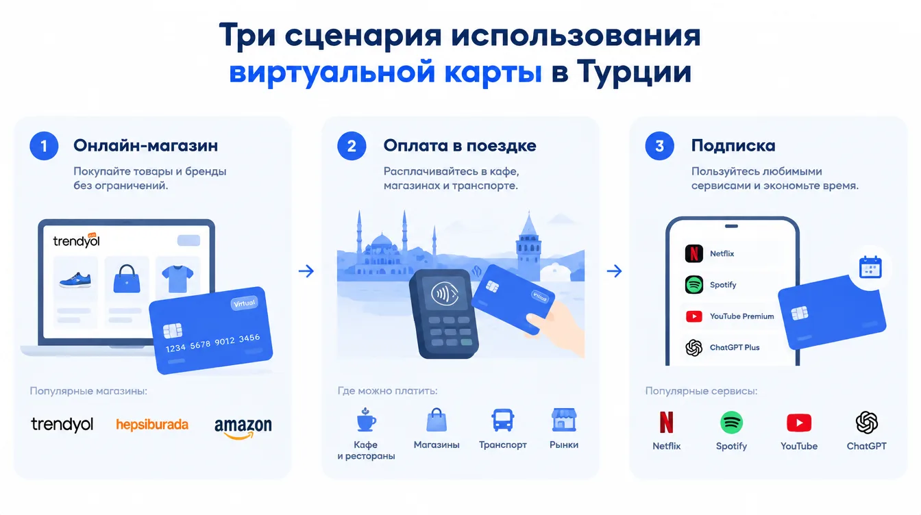 Схема: три сценария использования виртуальной карты в Турции — онлайн-магазин, оплата в поездке и подписка