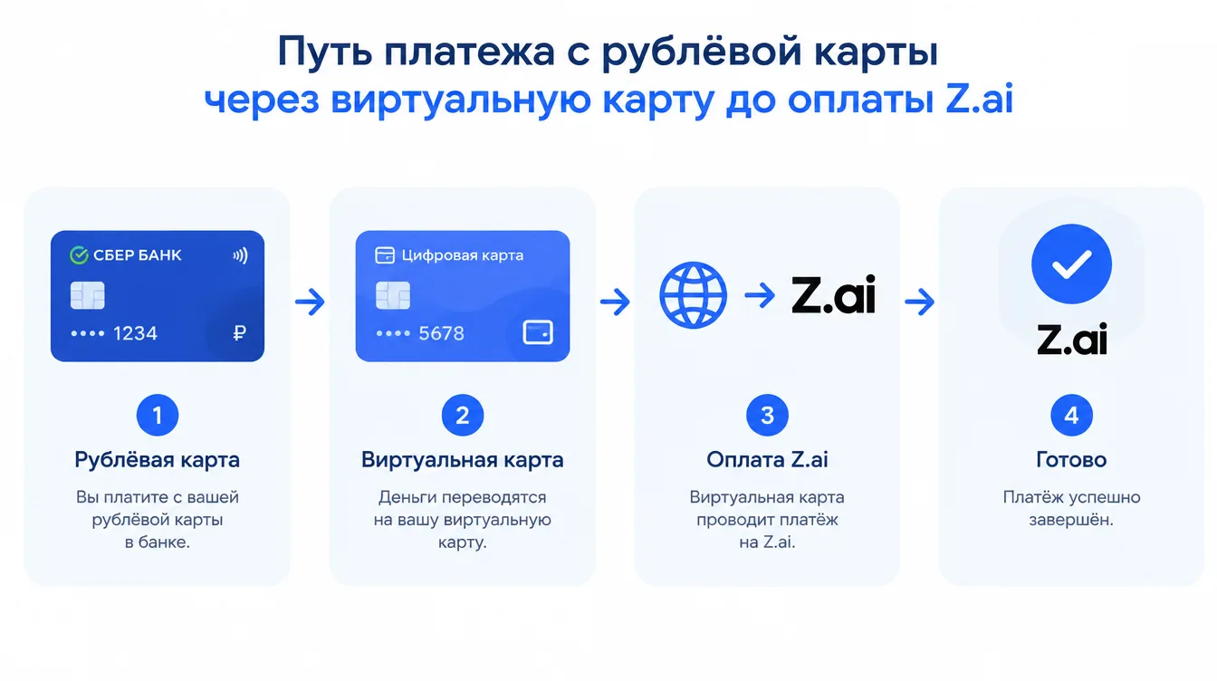 Схема: путь платежа с рублёвой карты через виртуальную карту до оплаты Z.ai